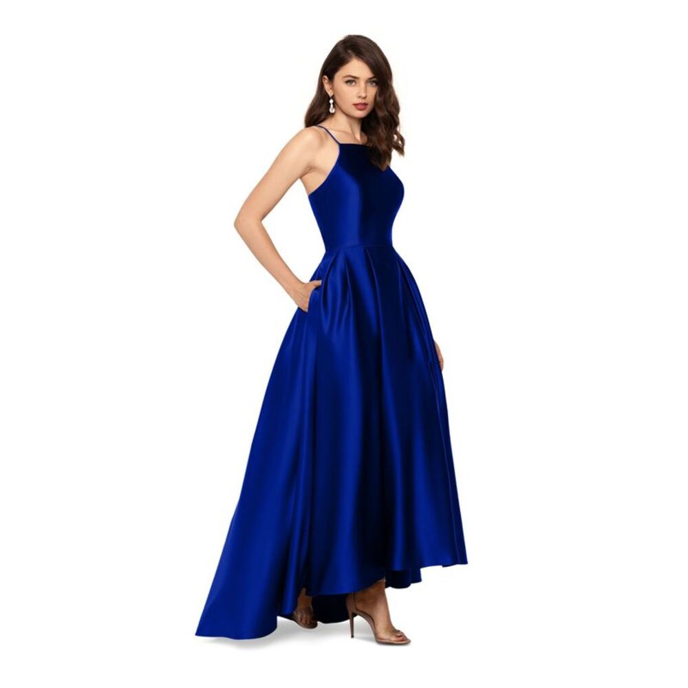 BETSY & ADAM High-Low Blue Spaghetti Strap Full-Length Dress 4 - Picture 3 of 6